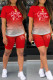 Red Casual Gradual Change Letter Print Basic O Neck Short Sleeve Two Pieces