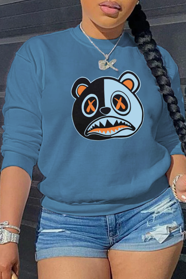 Blue Casual Street Print Patchwork O Neck Tops