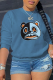 Blue Casual Street Print Patchwork O Neck Tops
