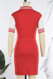Red Casual Solid Patchwork Short Sleeve Dress