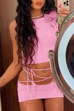 Pink Sexy Solid Bandage Patchwork O Neck Sleeveless Two Pieces