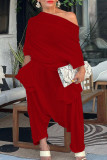 Red Casual Solid Patchwork Oblique Collar Plus Size Jumpsuits