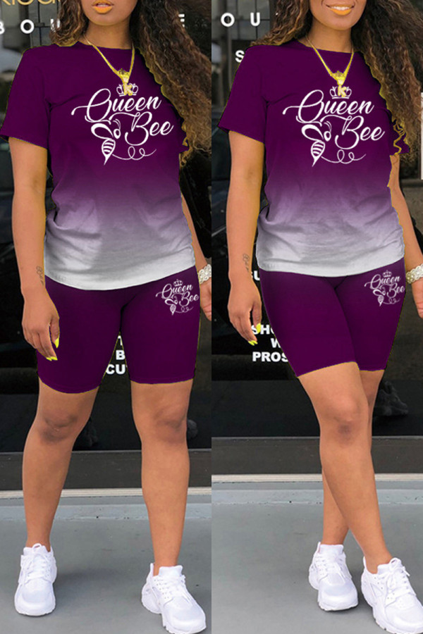 Purple Casual Gradual Change Letter Print Basic O Neck Short Sleeve Two Pieces
