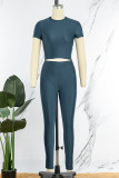 Deep Blue Casual Sportswear Solid Patchwork O Neck Short Sleeve Two Pieces