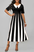 Black Casual Striped Print Patchwork V Neck A Line Dresses
