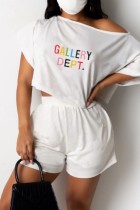 White Casual Letter Print Basic Oblique Collar Short Sleeve Two Pieces