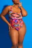 Multicolor Sexy Print Backless U Neck Plus Size Swimwear (With Paddings)