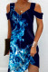 Deep Blue Casual Print Patchwork Square Collar Straight Dresses