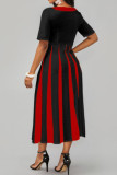 Deep Red Casual Striped Print Patchwork V Neck A Line Dresses