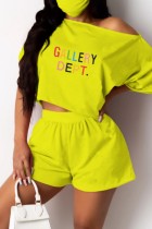 Yellow Casual Letter Print Basic Oblique Collar Short Sleeve Two Pieces