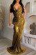 Gold Sexy Solid Patchwork Halter Long Dress Dresses