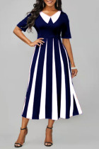 Royal Blue Casual Striped Print Patchwork V Neck A Line Dresses