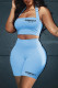 Light Blue Letter Print Backless Halter Sleeveless Two Pieces