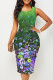 Green Casual Print Patchwork U Neck One Step Skirt Dresses