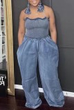 Blue Sexy Casual Solid Backless Halter Regular Jumpsuits