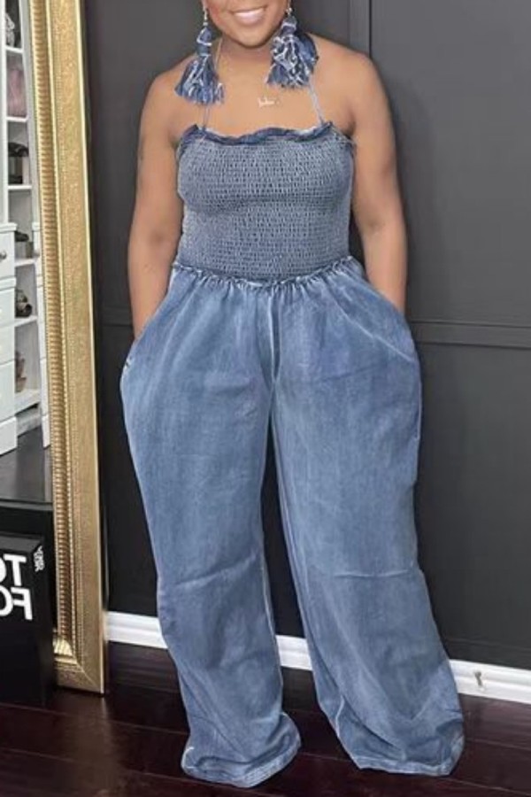 Blue Sexy Casual Solid Backless Halter Regular Jumpsuits