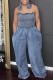 Blue Sexy Casual Solid Backless Halter Regular Jumpsuits