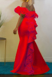 Red Elegant Solid Patchwork Off the Shoulder Evening Dress Dresses