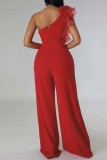 Red Casual Solid Patchwork Backless One Shoulder Regular Jumpsuits