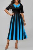 Lake Blue Casual Striped Print Patchwork V Neck A Line Dresses