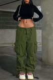 Green Casual Street Solid Patchwork Pocket Mid Waist Straight Solid Color Bottoms