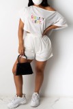 White Casual Letter Print Basic Oblique Collar Short Sleeve Two Pieces