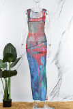 Red Sexy Print Patchwork Slit U Neck One Step Skirt Dresses