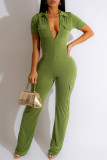 Green Casual Solid Patchwork Zipper Collar Skinny Jumpsuits