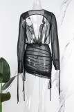 Black Sexy Solid See-through V Neck Long Sleeve Dresses