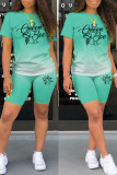 Red Casual Gradual Change Letter Print Basic O Neck Short Sleeve Two Pieces