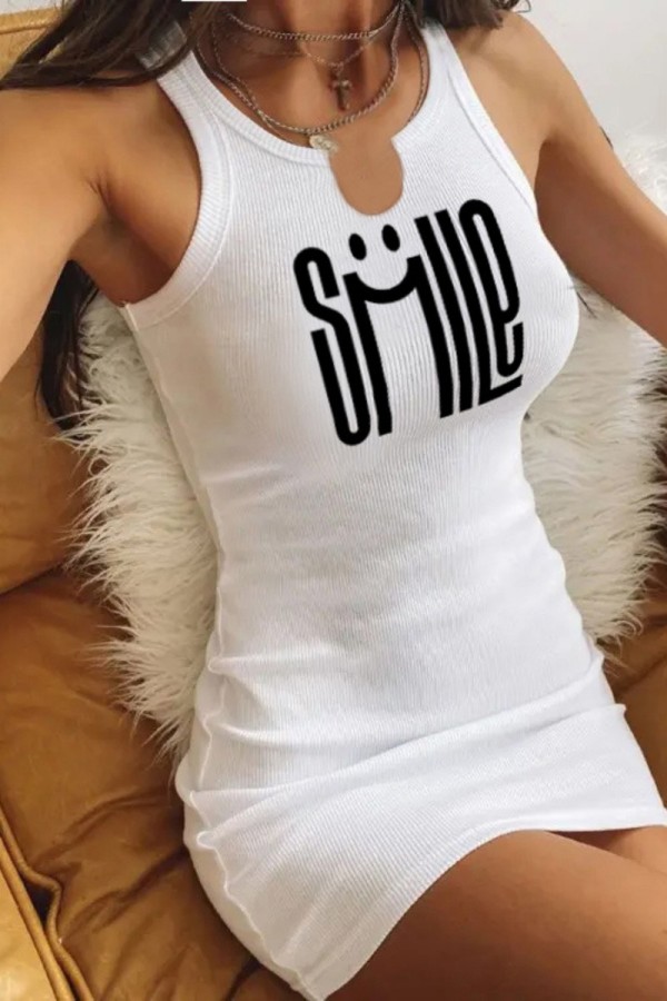 White Casual Print Basic U Neck Vest Dress Dresses