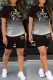 Black Casual Gradual Change Letter Print Basic O Neck Short Sleeve Two Pieces