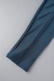 Deep Blue Casual Sportswear Solid Patchwork O Neck Short Sleeve Two Pieces