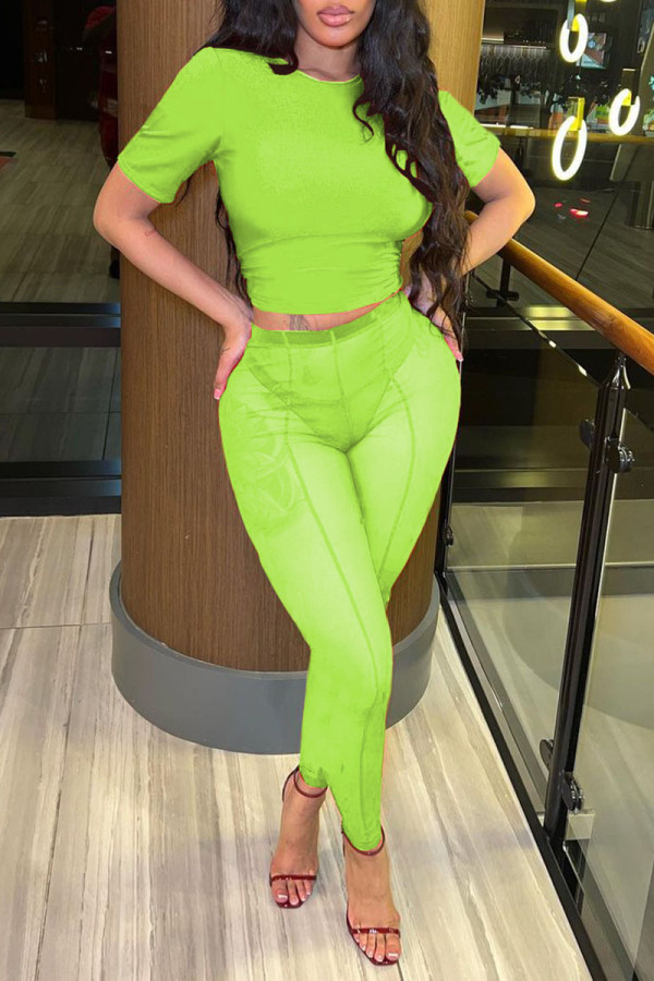 Fluorescent Green Sexy Solid Patchwork See-through O Neck Short Sleeve Two Pieces
