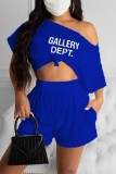 Blue Casual Letter Print Basic Oblique Collar Short Sleeve Two Pieces