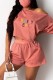 Pink Casual Letter Print Basic Oblique Collar Short Sleeve Two Pieces