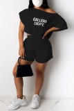 Black Casual Letter Print Basic Oblique Collar Short Sleeve Two Pieces