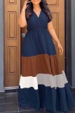 Red Casual Patchwork Contrast V Neck Short Sleeve Dress Dresses
