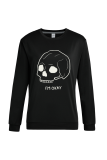 Black Casual Daily Print Skull Patchwork Letter O Neck Tops