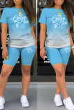 Red Casual Gradual Change Letter Print Basic O Neck Short Sleeve Two Pieces