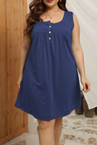 Navy Blue Casual Solid Patchwork Buttons U Neck Straight Plus Size Dresses