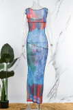 Red Sexy Print Patchwork Slit U Neck One Step Skirt Dresses