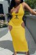 Yellow Sexy Print Letter V Neck One Step Skirt Dresses