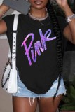 Pink Street Print Letter O Neck T-Shirts