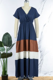 Red Casual Patchwork Contrast V Neck Short Sleeve Dress Dresses