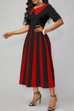 Deep Red Casual Striped Print Patchwork V Neck A Line Dresses