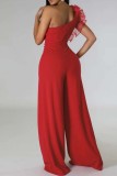 Red Casual Solid Patchwork Backless One Shoulder Regular Jumpsuits