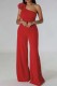 Red Casual Solid Patchwork Backless One Shoulder Regular Jumpsuits
