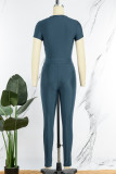 Deep Blue Casual Sportswear Solid Patchwork O Neck Short Sleeve Two Pieces
