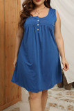 Light Blue Casual Solid Patchwork Buttons U Neck Straight Plus Size Dresses
